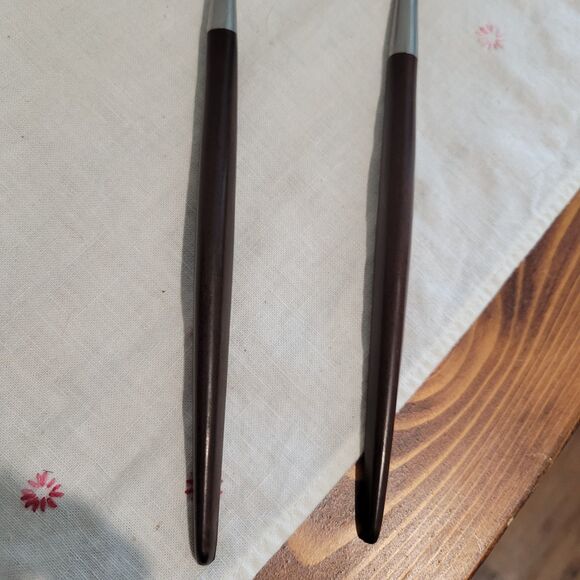 VTG 2pc Pyramid Stainless/Faux Wood Salad Servers 10 3/8" Japan EKCO Canoe Muffi - Picture 4 of 8